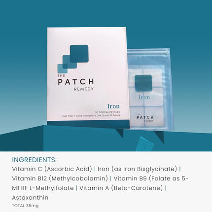 The Patch Remedy Iron Patch | Iron Bisglycinate, Vitamin C, Methylfolate, B12, Beta-Carotene, Astaxanthin | 30 Patches