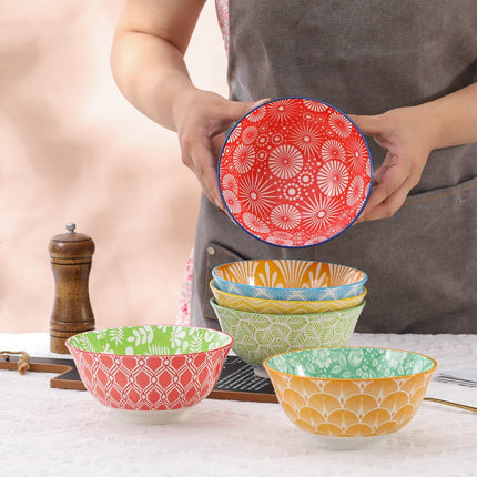 Cereal Bowl Porcelain Soup Bowls - Ceramic Bowl Set Kitchen 23 oz - 6 Inch Deep Colorful Bowls for Serving Breakfast | Oat | Oatmeal | Ramen | Pho | Noodle - Microwave and Dishwasher Safe - Set of 6