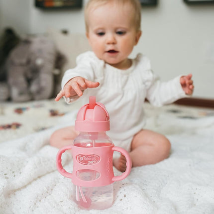 Dr. Brown's Wide-Neck Sippy Straw Bottles with Silicone Handles, Gray and Pink, 270ml, 9 Oz (Pack of 2)