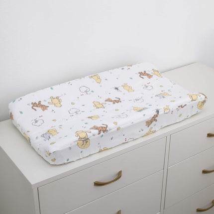 Disney Winnie the Pooh Classic Pooh 100% Cotton Quilted Changing Pad Cover in Ivory, Butter, Aqua and Orange, 1 Count (Pack of 1)