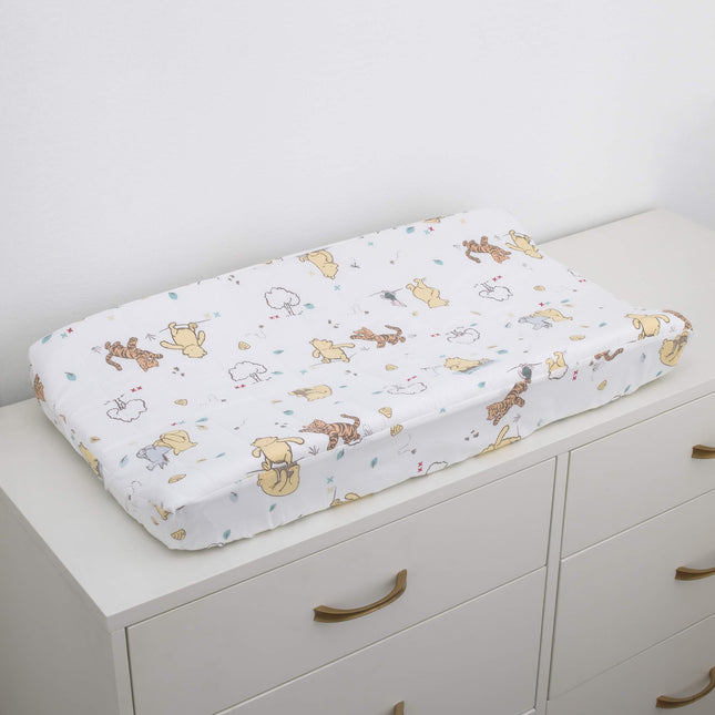Disney Winnie the Pooh Classic Pooh 100% Cotton Quilted Changing Pad Cover in Ivory, Butter, Aqua and Orange, 1 Count (Pack of 1)
