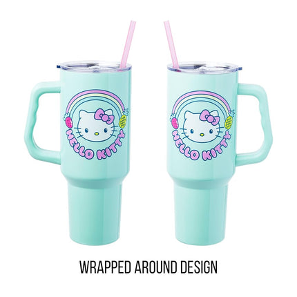 Silver Buffalo Sanrio Hello Kitty Kawaii Strawberry, Pineapple, and Rainbows Stainless Steel Tumbler with Handle and Straw, Fits in Standard Cup Holder, 40 Ounces