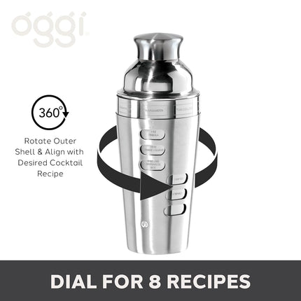 OGGI Dial A Drink Cocktail Shaker-23oz Stainless Steel Shaker, 8 Recipes, Stainless Steel Lid has Built in Strainer, Ideal Cocktail Mixer, Martini Shaker, Margarita Shaker & More, Stainless