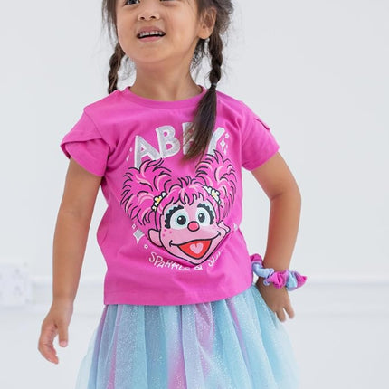 Sesame Street Elmo Abby Cadabby - Conjunto de 3 piezas de camiseta, falda de tul y coletero para bebés y niños pequeños, morado/azul, 3T