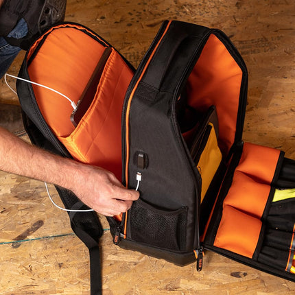 KLEIN TOOLS 62805BPTECH Laptop Backpack Tool Bag, Tradesman Pro Extra-Large 28-Pocket Tech Tool Backpack with Molded Bottom, Charging Port