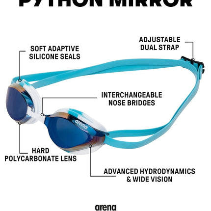 ARENA Unisex Python Racing Swim Goggles for Men and Women Anti-Fog Mirror Lens Max Comfort Dual Strap, Blue Mirror/White Sky