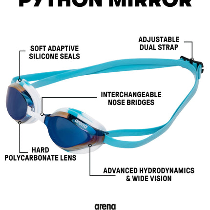 ARENA Unisex Python Racing Swim Goggles for Men and Women Anti-Fog Mirror Lens Max Comfort Dual Strap, Blue Mirror/White Sky