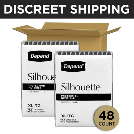 Depend Silhouette Incontinence Underwear, Extra-Large (50–60" Waist), Maximum Absorbency, Black, 48 Count (2 Packs of 24)