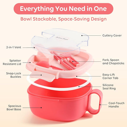 AI Love Peace Microwave Ramen Bowl with lid and Utensils (Bright Pink)