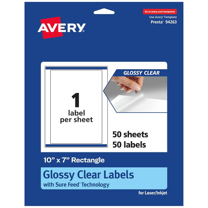 Avery Glossy Clear Rectangle Labels with Sure Feed, 10" x 7", 50 Glossy Clear Labels, Laser/Inkjet Printable Labels
