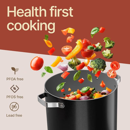 Black 16 Quart Aluminum Stock Pot with Lid, Nonstick Ceramic Coated Boiling Pot, PTFE & PFAS Free, Oven Safe to 500°F, Riveted Stainless Steel Handles, Tempered Glass Lid, All Stove Compatible