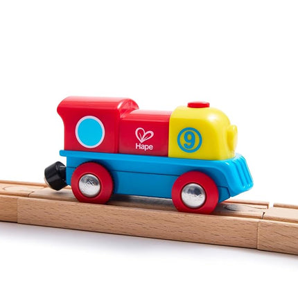 Hape Brave Little Engine | Button-Operated Multi-Coloured Train, Exceptional Battery-Powered Train, Red, Yellow + Blue Finish