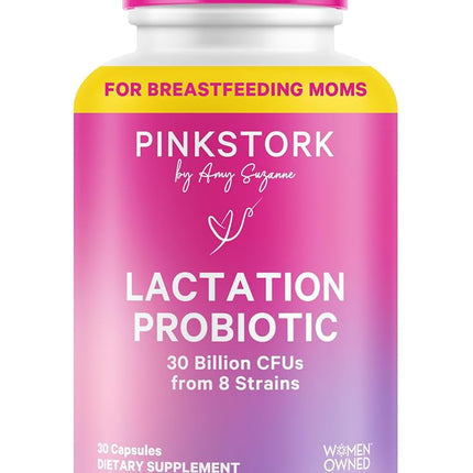 Pink Stork Total Lactation Probiotic: Nursing Probiotic for Women + 10 Billion CFU for Immune Health + Digestion + Gut Health + Breastfeeding + Colic Relief for Newborns, Women-Owned, 30 Capsules