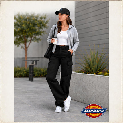 Pantalón cargo de sarga elástica con pierna recta Dickies para mujer, uso general de trabajo, negro lavado V1, 4