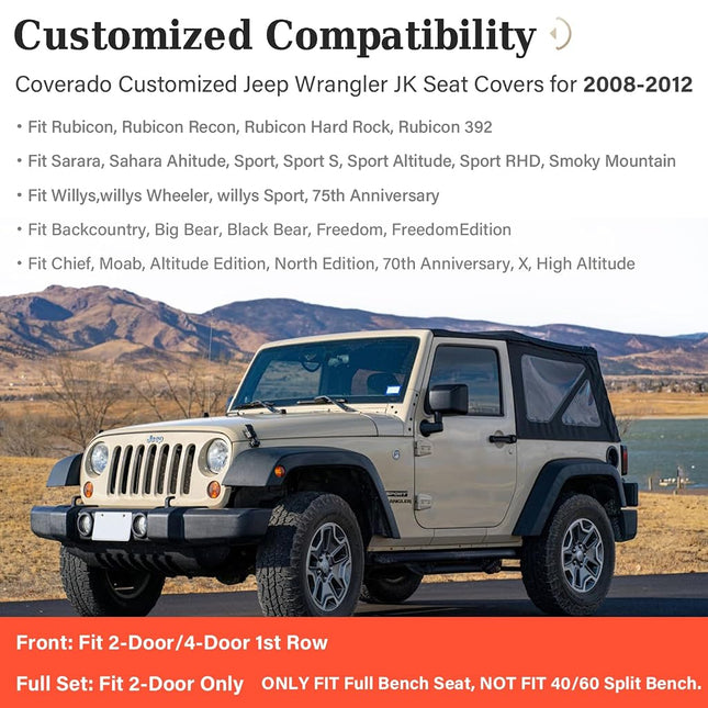Coverado Seat Covers Full Set for Jeep Wrangler, Waterproof Car Seat Covers for Automotive Truck Seat Covers Custom Fit for 2008-2012 Jeep Wrangler JK Seat Covers for Cars 4 Door(Red Line)