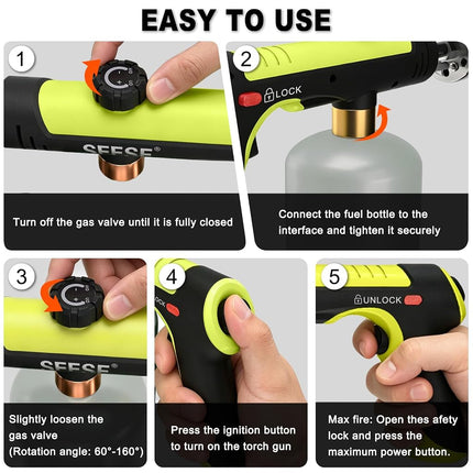 SEESE Powerful Propane Torch Gun,Kitchen Cooking Torch With One-Touch Max Fire, Charcoal Lighter with a Safety Lock, Adjustable Blow Torch for Sous Vide, BBQ, Campfire, Fireplace(Tank Not Included)