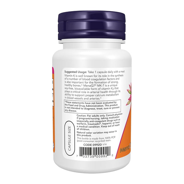 NOW Foods Mk-7 Vitamin K-2 100 Mcg Veg Capsules, 60 Count (3 Pack)