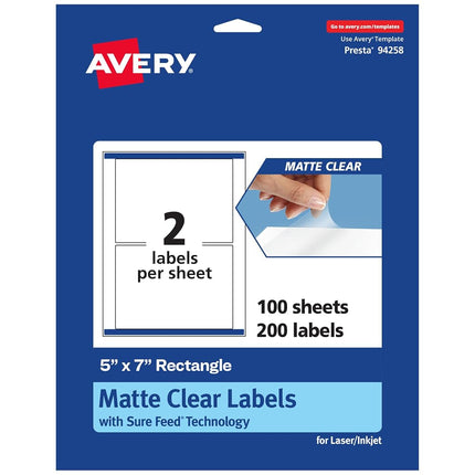 Avery Matte Clear Rectangle Labels, Sure Feed Technology, 5" x 7", 200 Matte Clear Labels, Laser/Inkjet Printable