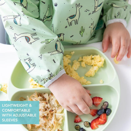 Bumkins Sleeved Bib, Handy Tie Closure for Custom Fit, Catch-All Pocket, Baby-Led Weaning, Waterproof, Machine Washable, Stain & Odour Resistant, BPA Free, 6-24 Months, Llama Design