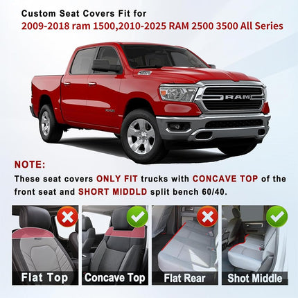 Huidasource Dodge Ram Seat Covers Full Set, Full Coverage Waterproof Leather Pickup Truck Seat Cushion Protector Fit for 2009-2018 1500, 2010-2023 2500/3500 Crew Mega Cab(Full Set/Black&Red)