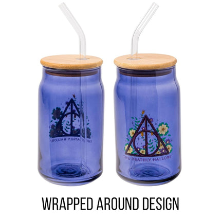 Silver Buffalo Harry Potter The Deathly Hallows Glass Tumbler with Bamboo Lid and Glass Straw, 16 Ounces
