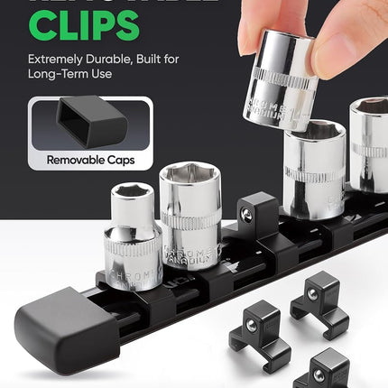 ALOANES 9 PC ABS Socket Organizer, 1/2 inch, 3/8 inch and 1/4 inch Drive Socket Rail Holders, Heavy Duty Socket Racks, Black Rails with Black Clips