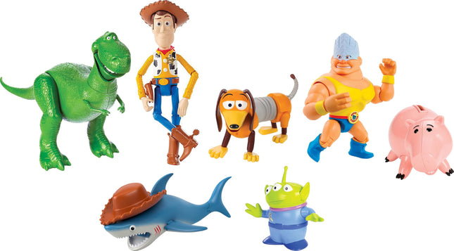 Mattel Disney y Pixar Toy Story Set de 7 figuras de acción con Woody, Slinky, Rex, Hamm, Alien, Rocky y Shark, Colección Mattel Disney100