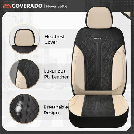 Coverado Car Seat Cover, Black Seat Cover for Cars, Luxury Leather Seat Covers Full Set with Embossed Pattern, Waterproof Car Seat Protector Car Seat Cushions Universal Fit Most Vehicle