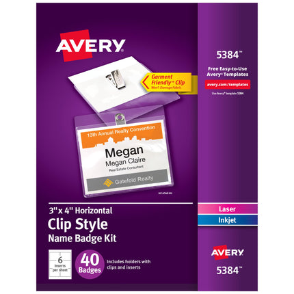 Avery Customizable Name Badges with Clips, 3" x 4"