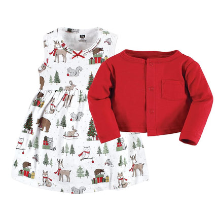 Hudson Baby Conjunto de Vestido y Cárdigan de Algodón para Bebés Niñas, Bosque de Invierno Rojo, 5T