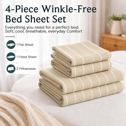 King Striped Sheets Set, Deep Pocket Soft & Cooling Bed Sheet Set, 4PC