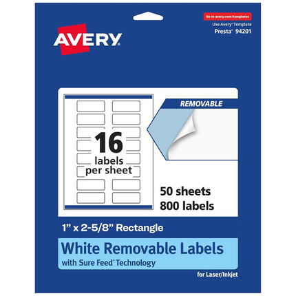 Avery Matte White Removable Rectangle Labels with Sure Feed Technology, Print-to-The-Edge, 1" x 2-5/8", 800 Removable Labels, Laser/Inkjet Printable Labels