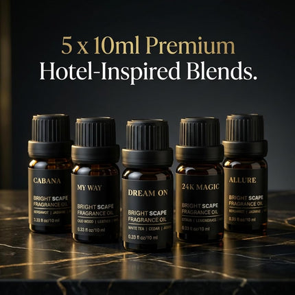 Brightscape Hotel Discovery Set — 5 Premium Fragrance Oils for Diffusers | Hotel-Inspired Gift Set | Cabana · My Way · Dream On · 24K Magic · Allure | 5 × 10ml