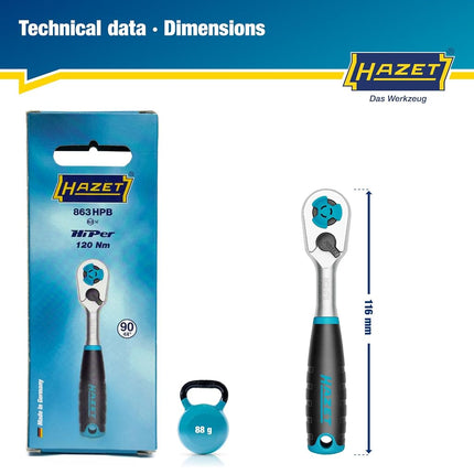 HAZET HiPer cricchetto reversibile a denti fini 863HPB per punte, Uscita:esagono 6,3 mm (1/4 di pollice), angolo di lavoro ridotto 4,estremamente resistente,Per l'utilizzo negli spazi più ristretti