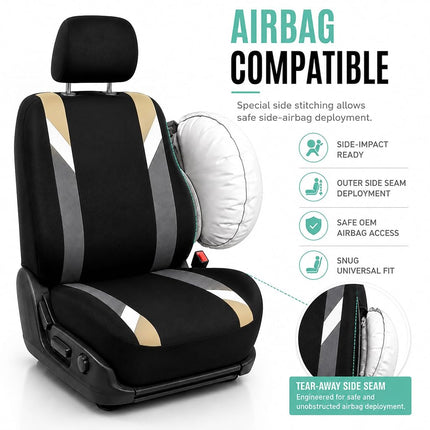 FH GROUP Front Set Cloth Car Seat Covers for Low Back Car Seats with Removable Headrest, Universal Fit, Airbag Compatible Seat Cover for SUV, Sedan, Van, Beige