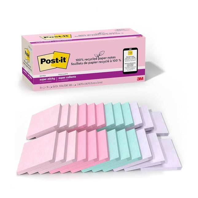Post-it 100% Recycled Paper Super Sticky Notes, 2X The Sticking Power, 3x3 in, 24 Pads/Pack, 70 Sheets/Pad, Wanderlust Pastels Collection (654R-24SSNRPCP)
