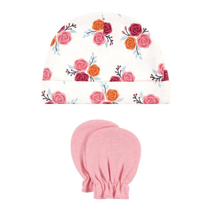 Hudson Baby unisex-baby Cotton Cap and Scratch Mitten Set, Autumn Rose, 0-6 Months