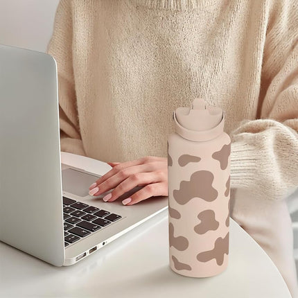 Cow Print Water Bottle 32oz Stainless Steel with Lid, Insulated Bottles for Sports Travel Outdoor, Gifts for Women Girls Birthday Christmas