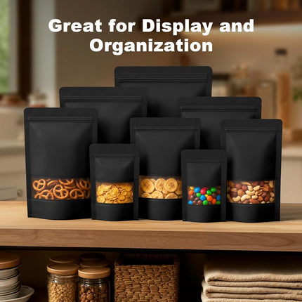 FireKylin 100 Pcs Resealable bags,7.1" x 10.2" Stand Up Black Kraft Paper Bags with Matte Window, Zip Lock Food Storage Bags for Packaging Products, Reusable, Sealable