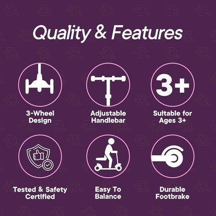Pink & Purple 3 Wheel Scooter with Seat for Kids – Light-Up LED Wheels, Adjustable Handlebar and Seat, Smooth PU Wheels, Wide Anti-Slip Deck, Rear Foot Brake – Toddler Outdoor Toys for Ages 2+