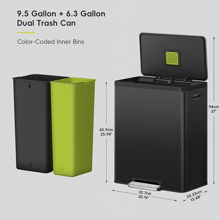 EKO 36+24L Dual Recycling Pedal Bin Kitchen Rubbish Bin, Matte Black
