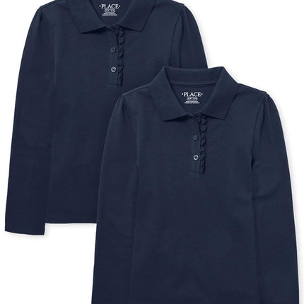 Lot de 2 polos piqués à volants et manches longues pour filles The Children's Place, couleur Tidal, taille L (10/12)