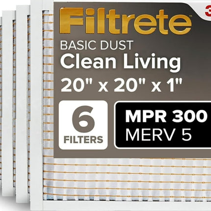 Filtrete 20x20x1 AC Furnace Air Filter, MERV 5, MPR 300, Capture Unwanted Particles, 3-Month Pleated 1-Inch Electrostatic Air Cleaning Filter, 6-Pack (Actual Size19.69x19.69x0.81 in)