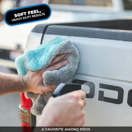 The Rag Company - The Liquid8r - Absorbent 70/30 Blend Microfiber Drying Towel for Cars, Trucks, SUVs, Safe for Detailing + Scratch Free, Twist Loop, 1100gsm, 16in x 16in, Aqua Blue/Grey (2-Pack)