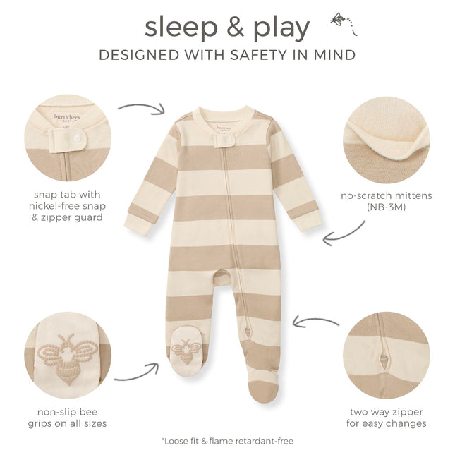 Burt's Bees Baby Pyjama une pièce pour bébé garçon en coton 100 % biologique avec fermeture éclair sur le devant, Quarry Blue Rugby Stripe, 0-3 MOIS