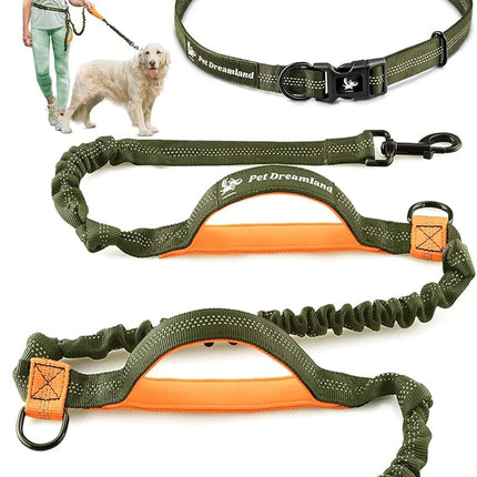 Correa manos libres Pet Dreamland para correr, caminar, hacer senderismo, ciclismo y entrenar con perros. Arnés elástico, cinturón ajustable, asa simple o doble, costuras reflectantes. Perros pequeños, medianos, grandes.