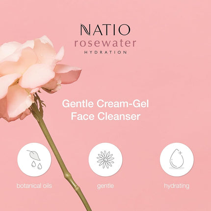 Natio Australia Rosewater Hydration Gentle Cream-Gel Face Cleanser 100ml - Hydrating Cleansing Face Wash For All Skin Types - No Foam Cleanser - Rosewater, Sweet Almond, Seasame & Apricot Kernel - Made in Australia