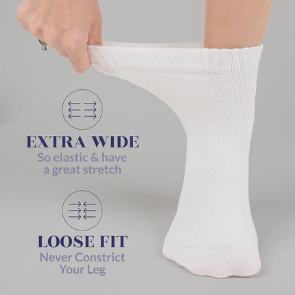 HUGH UGOLI Women's Cotton Diabetic Ankle Socks, Wide, Thin, Loose Fit and Stretchy, Seamless Toe & Non Binding Top, 4 Pairs, White, 6-9