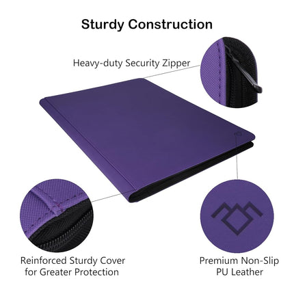 Grin Owl 36‑Pocket Ringless Trading Card Binder – Holds 2304 Cards, Side‑Loading Black Pages, Zipper Collection Album for TCG & Sports Cards (Purple)