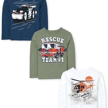 The Children's Place Baby Toddler Boys Long Sleeve Multi Color Graphic T-Shirt, 3 Pack, Police Car/Fireturck/Helicopter, 4T